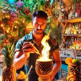 A vibrant Polynesian tiki bar in London featuring exotic cocktails, tropical décor, bamboo furnishings, and a bartender serving a flaming Scorpion Bowl in a traditional tiki mug, surrounded by colorful lanterns and lush greenery.