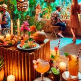 A tropical-themed party venue featuring bamboo décor, tiki masks, festive lighting, and guests enjoying colourful cocktails and island-inspired food in a lively, Tiki party setting.