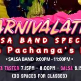 Promotional poster for Carnivalatina Salsa Band Special at The Sugar Cane Bar, featuring Juan Pachanga's Band, salsa classes, and bachata taster.