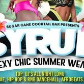 Promotional poster for Syrup Party at Sugar Cane Cocktail Bar in London, featuring sexy summer wear, tropical visuals, and music genres like soca, reggae, hip hop, dancehall, and afrobeats